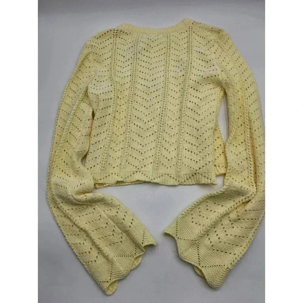 Elodie Women's Size L Baby Yellow Pointelle Bell Sleeve Sweater - Picture 6 of 9